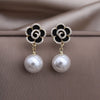 Korea Jewelry 14K Gold plated  Zircon Black Camellia Pearl Pendant Earrings Elegant Women's Daily Accessories