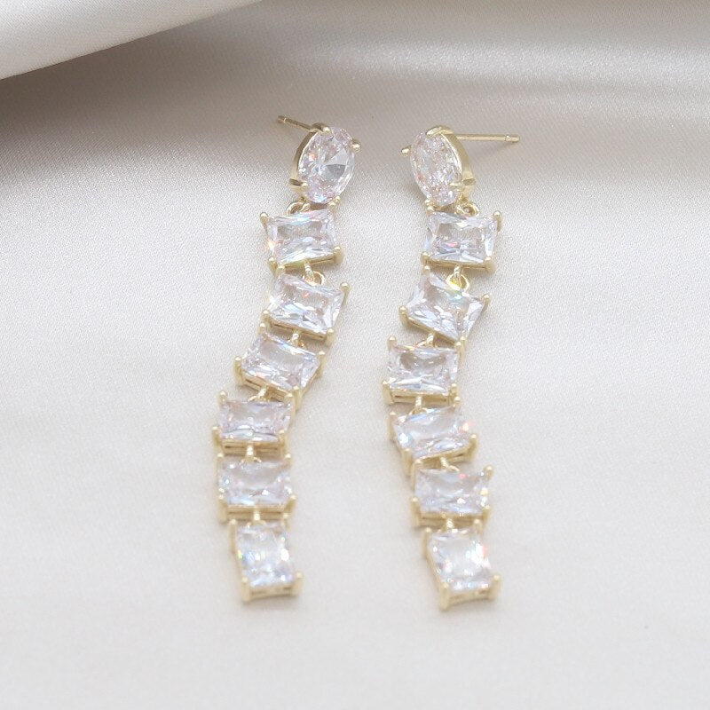 Korea Jewelry 14K Real Gold Plating  Square Zircon Long Pendant Earrings Elegant Women Wedding Party earrings