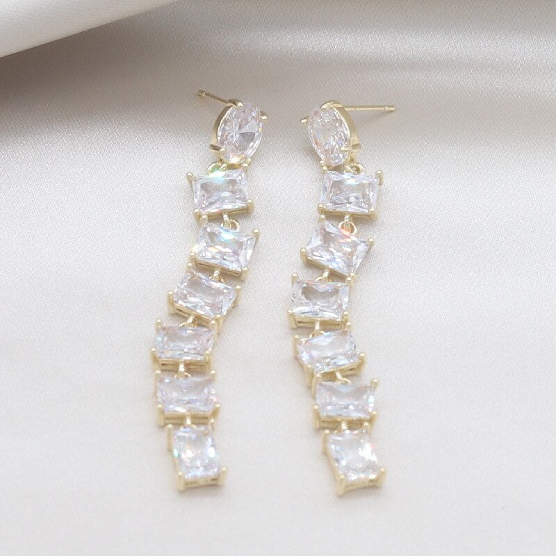 Korea Jewelry 14K Real Gold Plating  Square Zircon Long Pendant Earrings Elegant Women Wedding Party earrings
