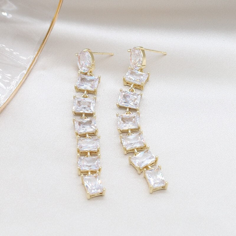 Korea Jewelry 14K Real Gold Plating  Square Zircon Long Pendant Earrings Elegant Women Wedding Party earrings