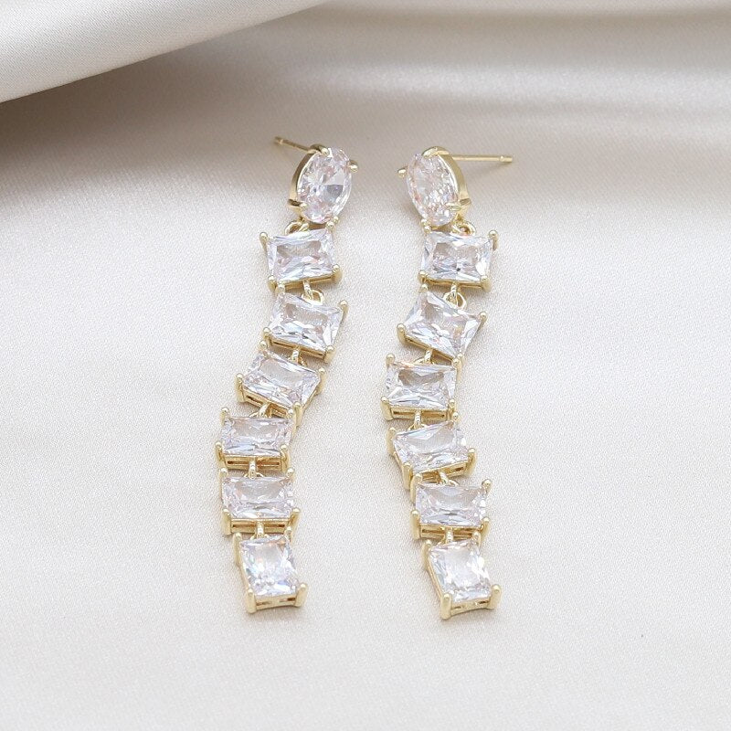 Korea Jewelry 14K Real Gold Plating  Square Zircon Long Pendant Earrings Elegant Women Wedding Party earrings