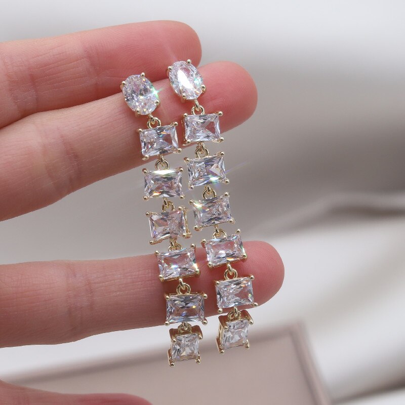 Korea Jewelry 14K Real Gold Plating  Square Zircon Long Pendant Earrings Elegant Women Wedding Party earrings
