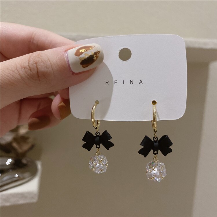Korea Jewelry Copper Inlaid Zircon Ball Pendant Black Paint Bow Earrings Elegant Women's Party Party Accessories