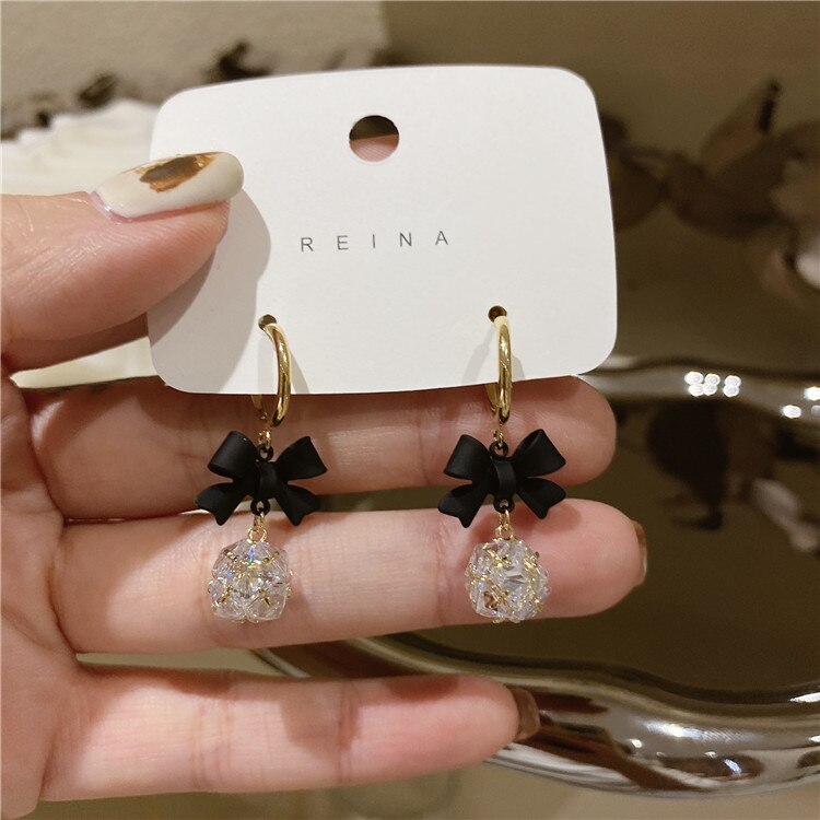 Korea Jewelry Copper Inlaid Zircon Ball Pendant Black Paint Bow Earrings Elegant Women's Party Party Accessories