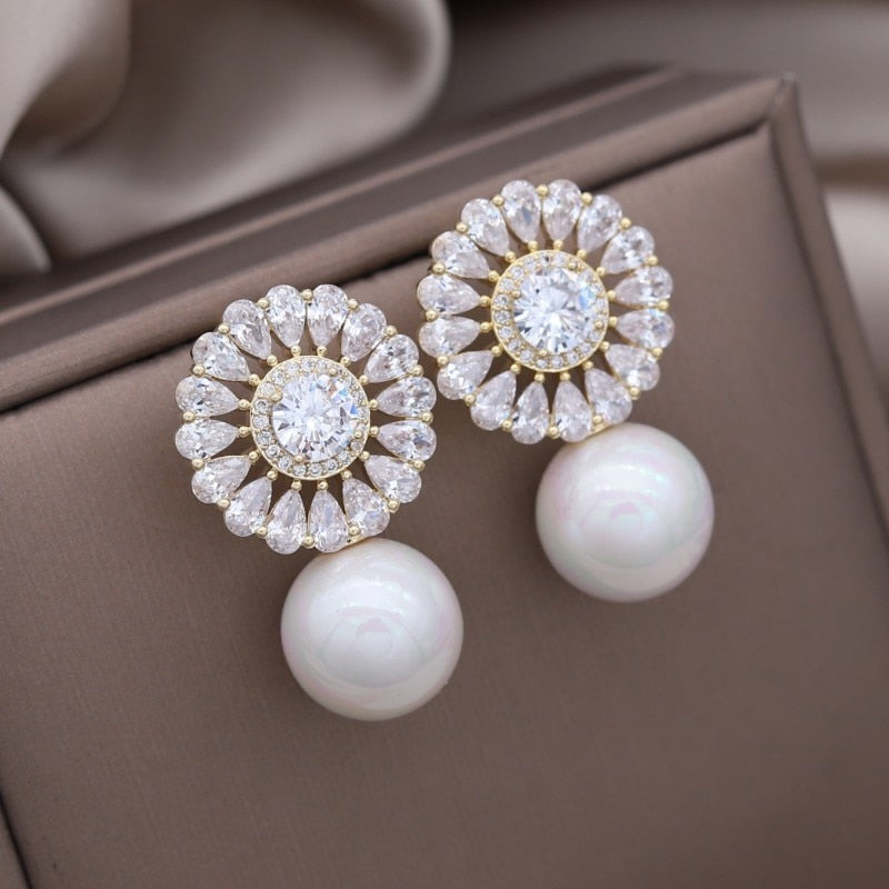 Korea Jewelry Copper Set Zircon 14K Gold plated Round Drop Pearl Pendant Earring Elegant Women's Evening Accessories