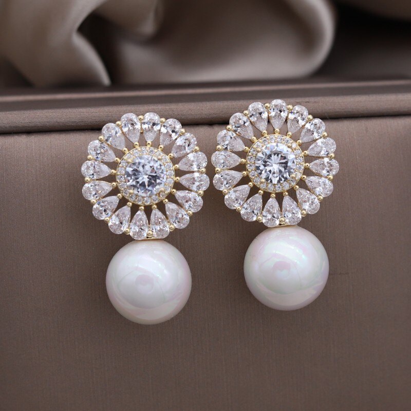 Korea Jewelry Copper Set Zircon 14K Gold plated Round Drop Pearl Pendant Earring Elegant Women's Evening Accessories