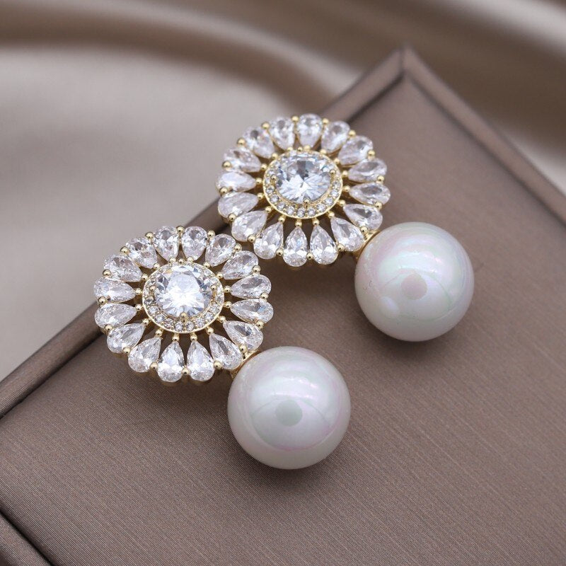 Korea Jewelry Copper Set Zircon 14K Gold plated Round Drop Pearl Pendant Earring Elegant Women's Evening Accessories