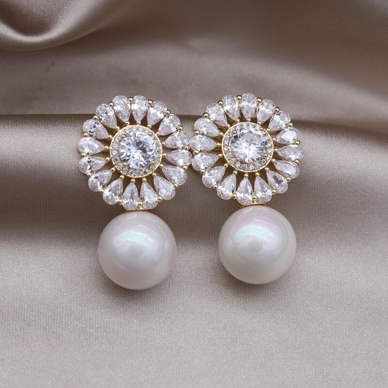 Korea Jewelry Copper Set Zircon 14K Gold plated Round Drop Pearl Pendant Earring Elegant Women's Evening Accessories