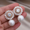Korea Jewelry Copper Set Zircon 14K Gold plated Round Drop Pearl Pendant Earring Elegant Women's Evening Accessories