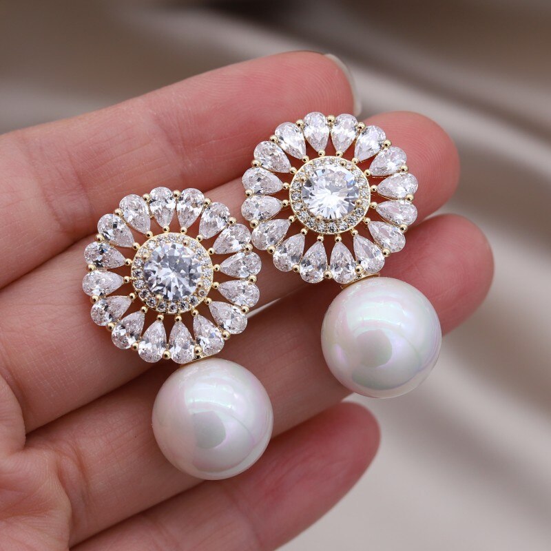 Korea Jewelry Copper Set Zircon 14K Gold plated Round Drop Pearl Pendant Earring Elegant Women's Evening Accessories