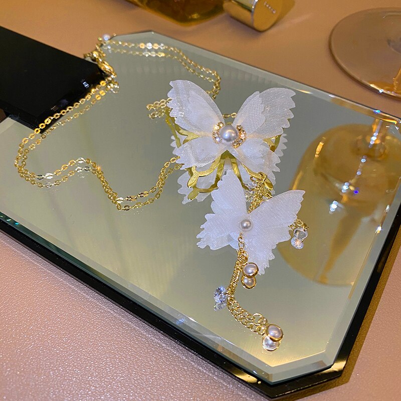 Korea Jewelry Exaggerated White Satin Cloth Butterfly Pendant Necklace Elegant Women Summer Style Wedding Necklace