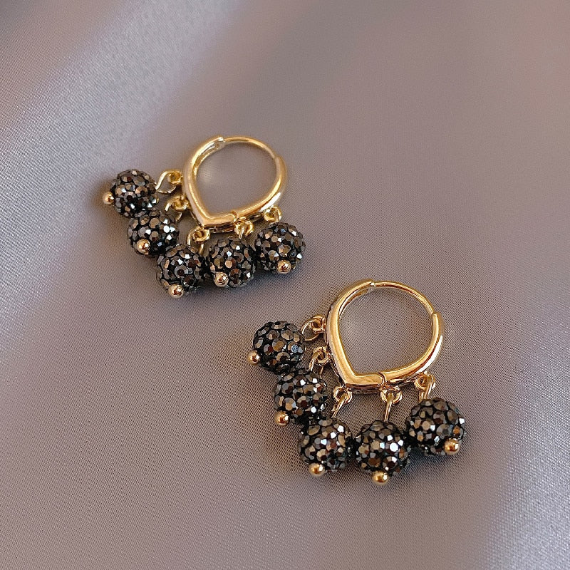 Korea Jewelry Sweet Love Black Round Crystal Tassel Pendant Earrings Simple Elegant Women's Daily Work Accessories