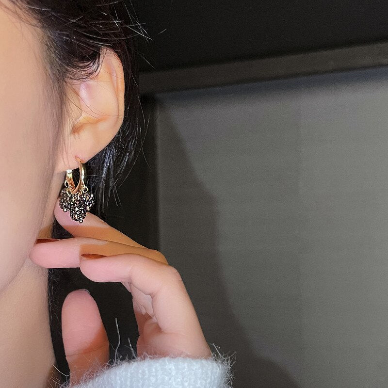 Korea Jewelry Sweet Love Black Round Crystal Tassel Pendant Earrings Simple Elegant Women's Daily Work Accessories