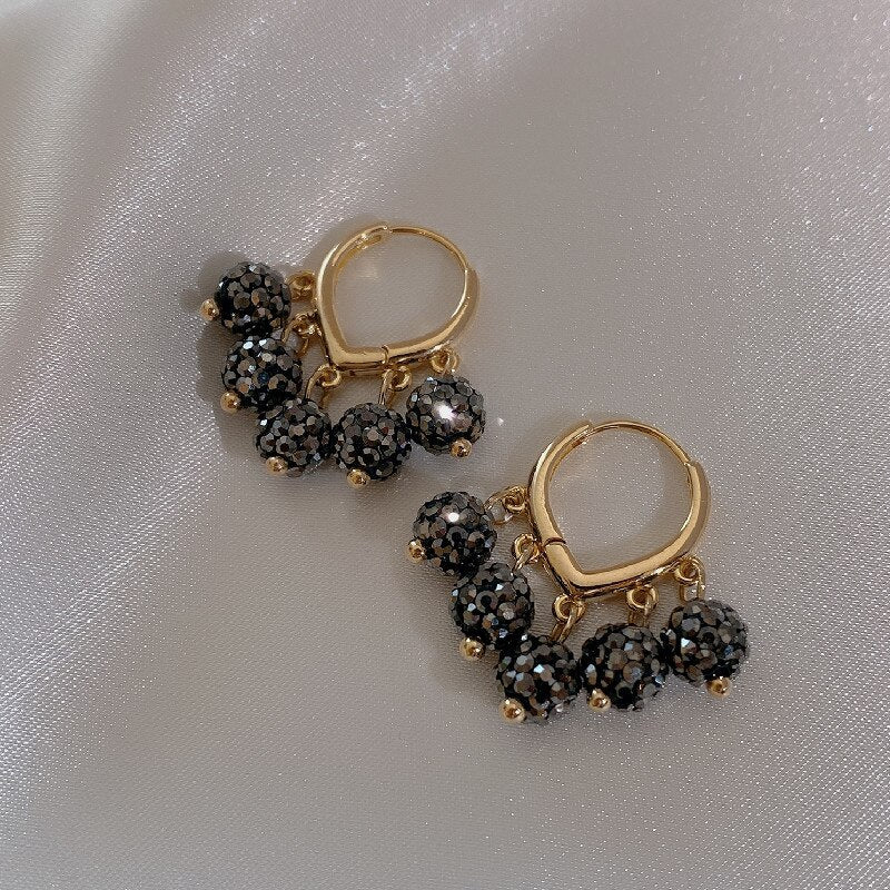 Korea Jewelry Sweet Love Black Round Crystal Tassel Pendant Earrings Simple Elegant Women's Daily Work Accessories