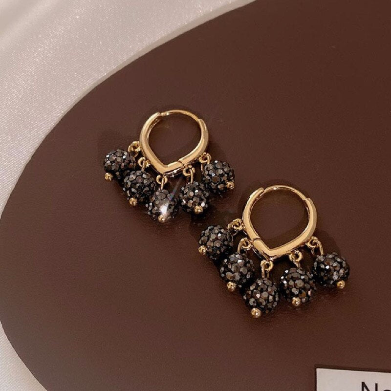 Korea Jewelry Sweet Love Black Round Crystal Tassel Pendant Earrings Simple Elegant Women's Daily Work Accessories