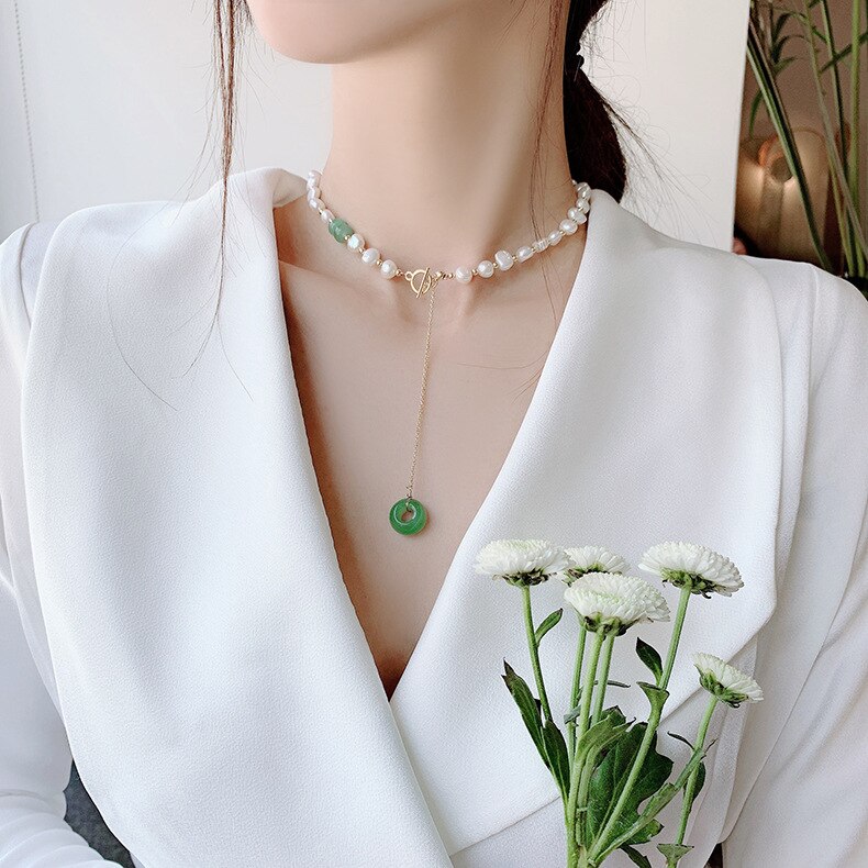 Korea design jewelry natural fresh water pearl necklace green gem pendant stretch adjustable women's Necklace