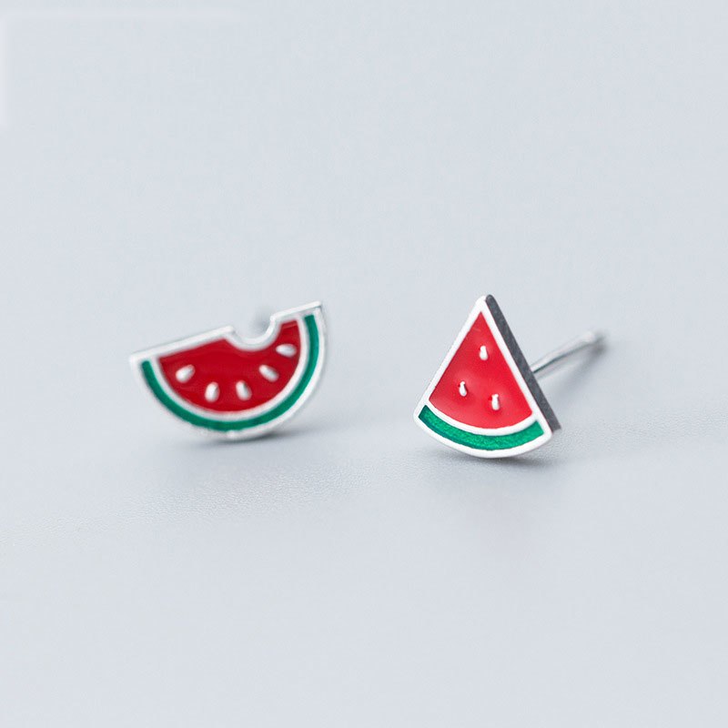 Korean Cute Small Watermelon Pure 925 Sterling Silver Fruit Stud Earrings For Women Girls Kids Mini Minimalist Jewelry Love Gift
