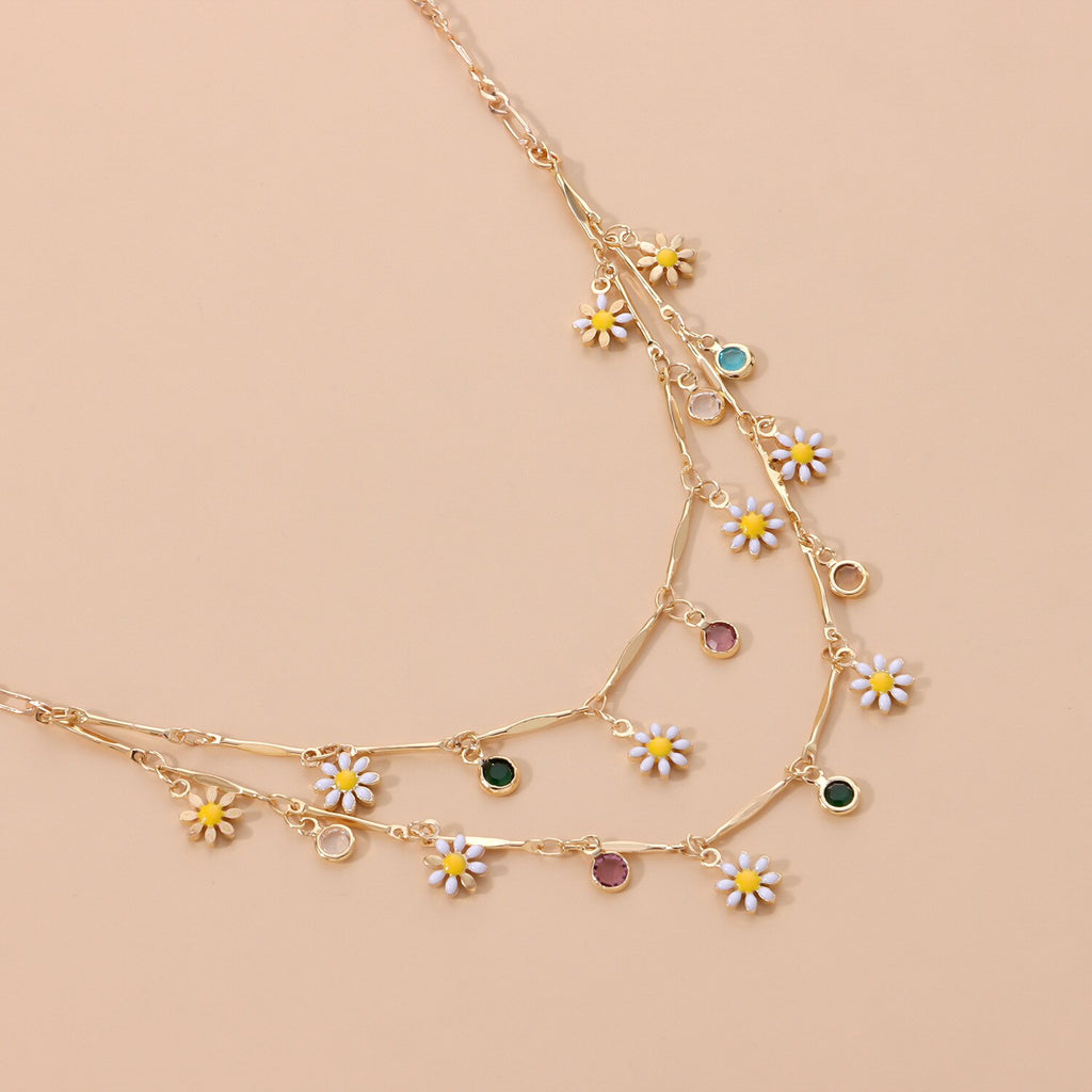 Korean Double Layer Moon Daisy Necklace Short Long Neck Chain Wedding Jewelry Colorful Bead Eye Round Summer Collar Gift