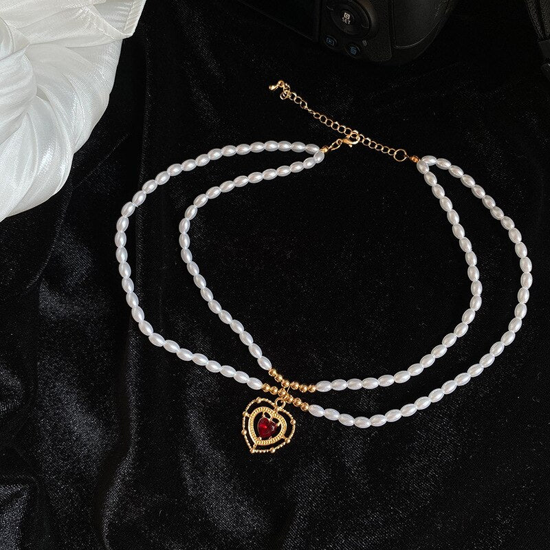 Korean Double-Layer Pearl Love Pendant Necklace Female 2021 Retro French Design  Wedding Banquet Mother's Day Gift