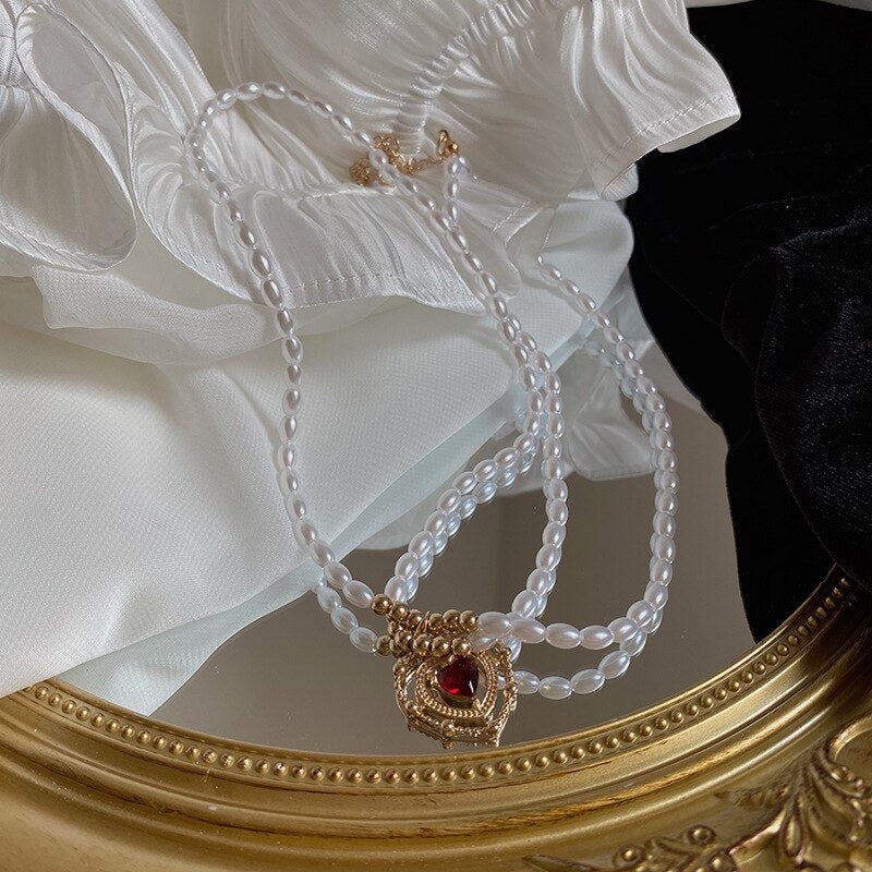 Korean Double-Layer Pearl Love Pendant Necklace Female 2021 Retro French Design  Wedding Banquet Mother's Day Gift