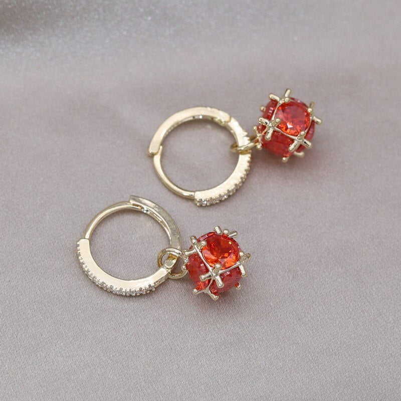 Korean Design Jewelry 14K Gold Plated Orange Zirconium Ball Pendant Earrings Elegant Women's Daily Work Accessories