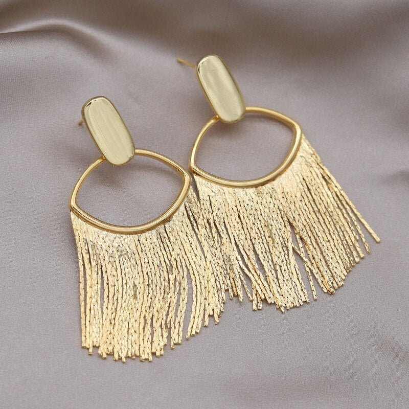 Korean Design Jewelry 18K Gold Plating  Metal Tassel Pendant Earrings Modern Women's Evening Accessories