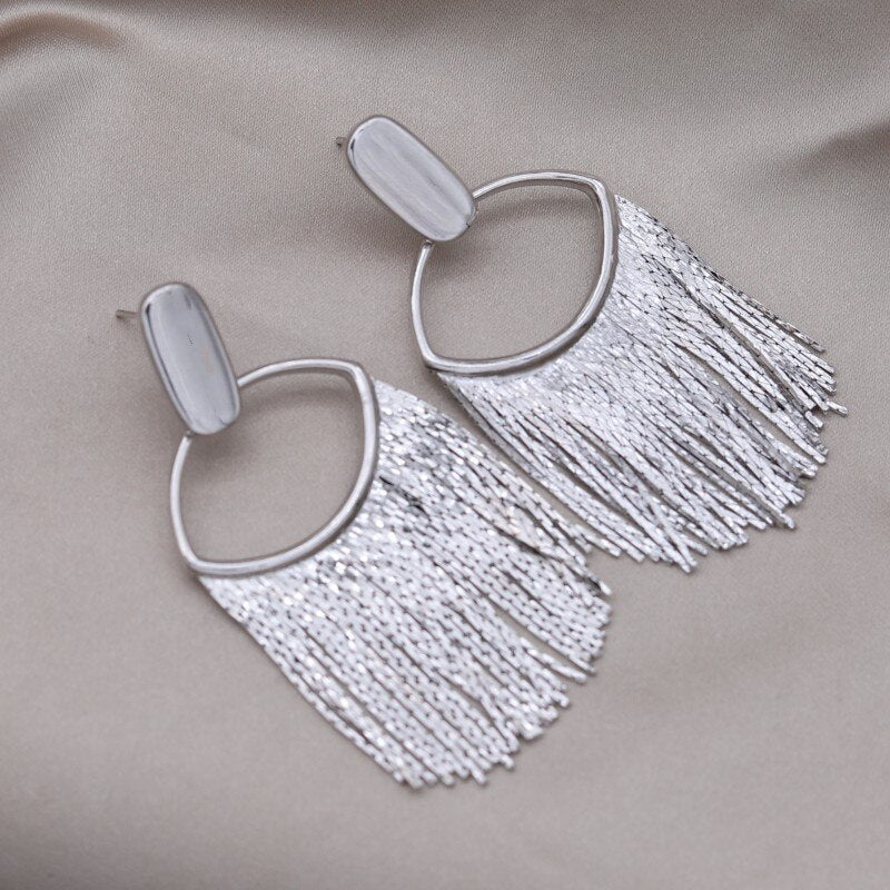 Korean Design Jewelry 18K Gold Plating  Metal Tassel Pendant Earrings Modern Women's Evening Accessories