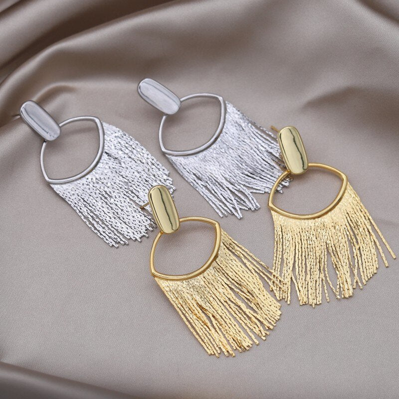 Korean Design Jewelry 18K Gold Plating  Metal Tassel Pendant Earrings Modern Women's Evening Accessories