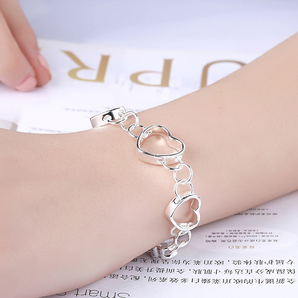 Korean 925 Sterling Silver romantic Love Heart Bracelet necklace earring for women charm wedding Party gift sJewelry set