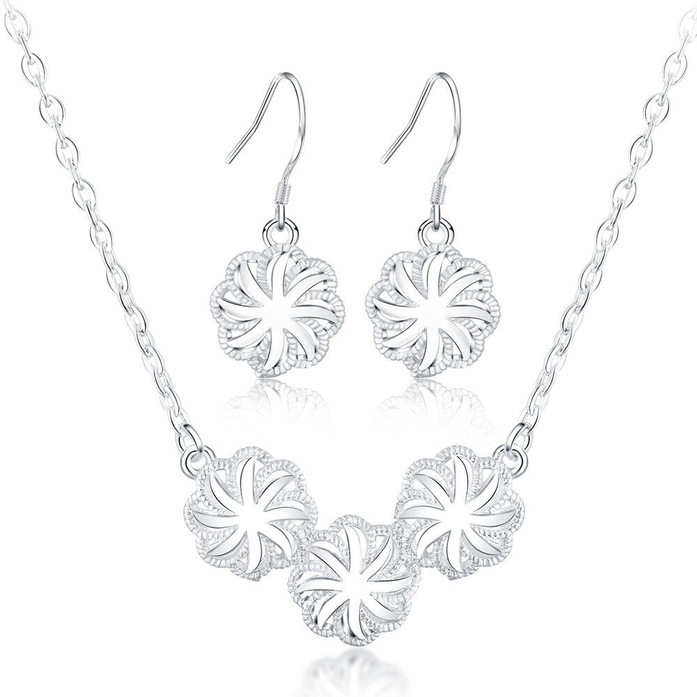 Korean 925 sterling Silver Pretty Flowers necklace earrings Jewelry sets for women charms wedding party gifts jewelry