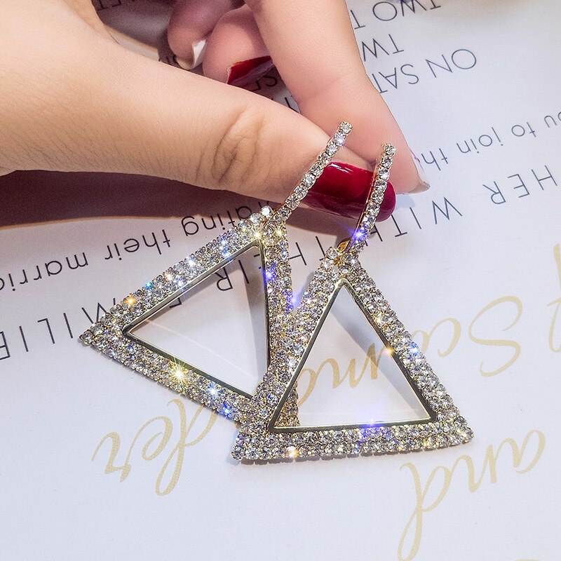 Korean selling jewelry  shiny crystal triangle pendant earrings elegant sexy women's prom party accessories