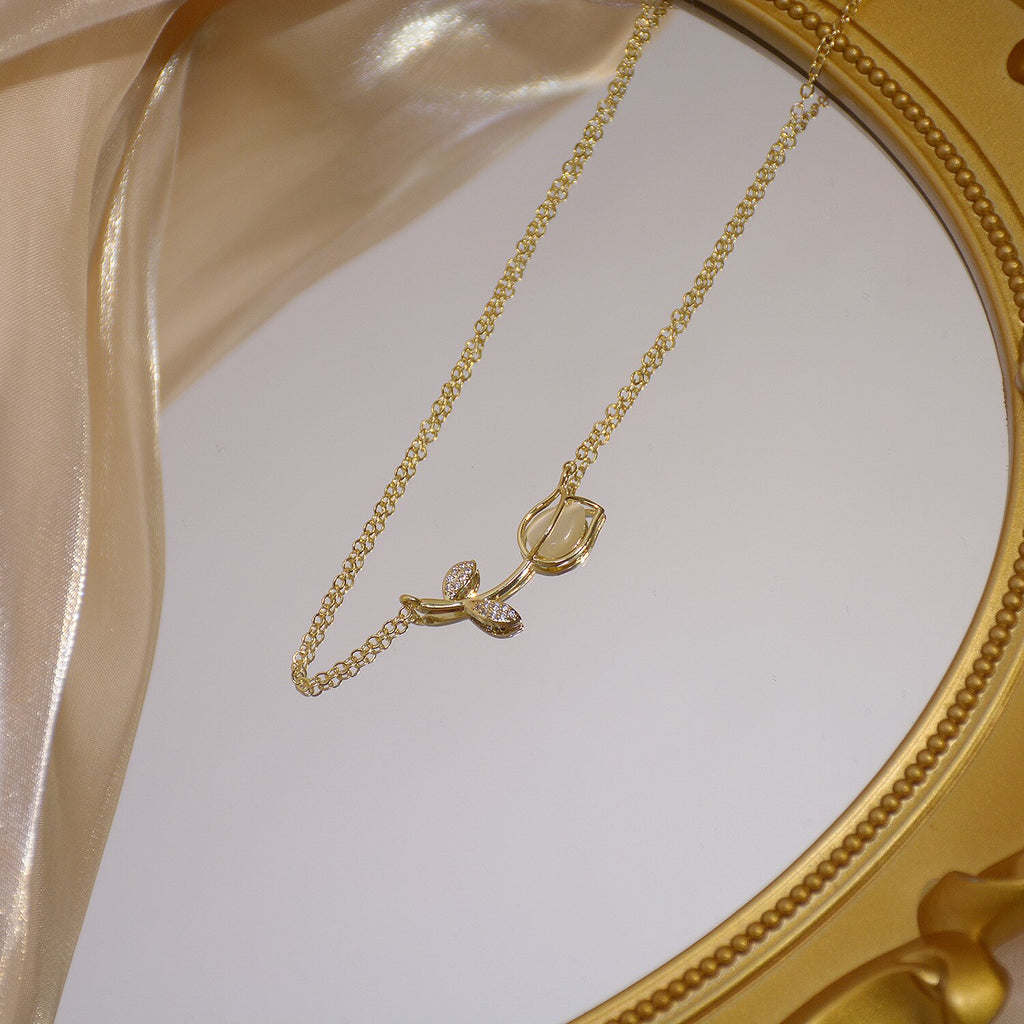 Korean design jewelry exquisite  zircon opal tulip flower pendant necklace sexy clavicle necklace for women
