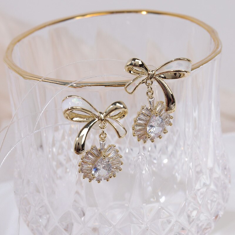 Korean jewelry sweet dripping bowknot  dripping zircon pendant earrings elegant women's wedding party earrings