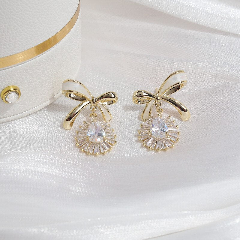 Korean jewelry sweet dripping bowknot  dripping zircon pendant earrings elegant women's wedding party earrings