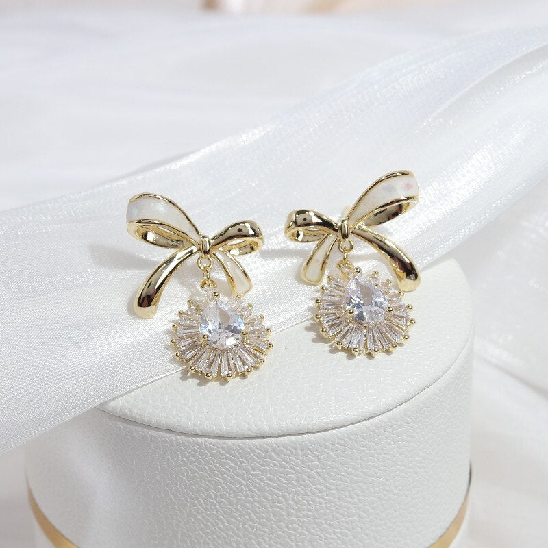 Korean jewelry sweet dripping bowknot  dripping zircon pendant earrings elegant women's wedding party earrings