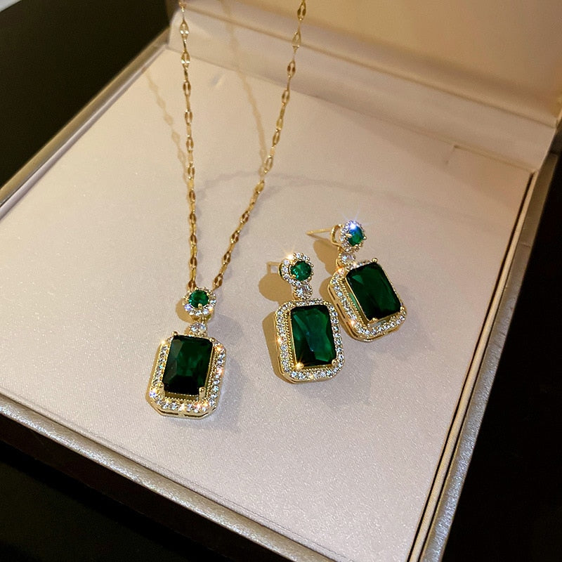 Korean  high-end emerald square perfume bottle pendant jewelry set elegant women's wedding party accessories