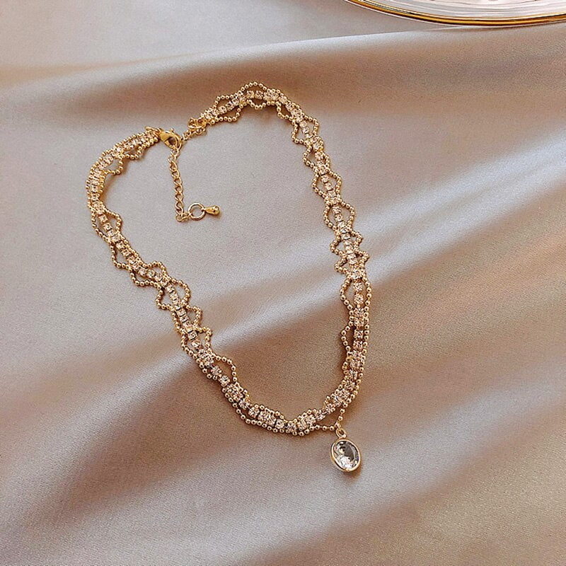 Kpop Crystal Choker Necklaces for Women Girls Fairy Shiny Large Zircon Plated 3 Layers Clavicle Chain Necklace Wedding Jewelry