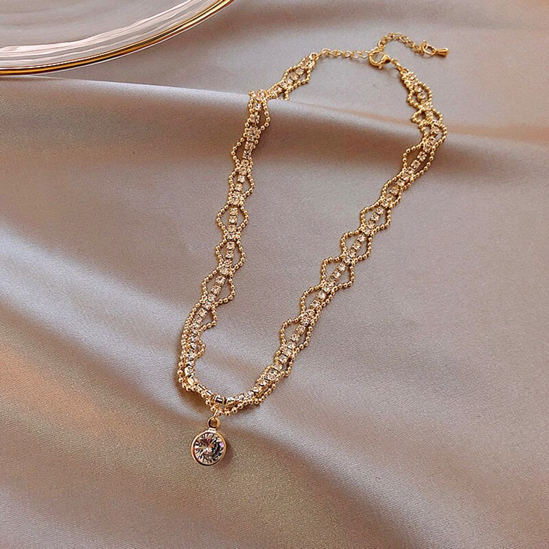 Kpop Crystal Choker Necklaces for Women Girls Fairy Shiny Large Zircon Plated 3 Layers Clavicle Chain Necklace Wedding Jewelry