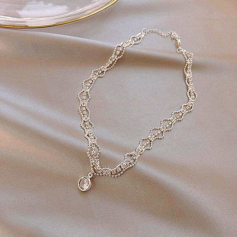 Kpop Crystal Choker Necklaces for Women Girls Fairy Shiny Large Zircon Plated 3 Layers Clavicle Chain Necklace Wedding Jewelry