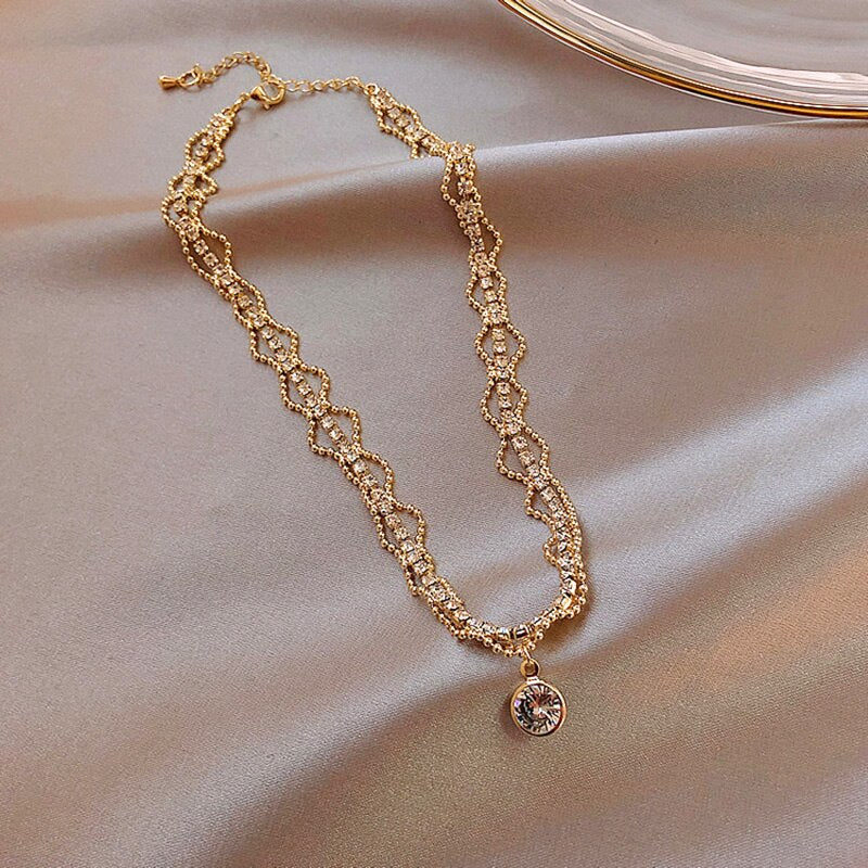 Kpop Crystal Choker Necklaces for Women Girls Fairy Shiny Large Zircon Plated 3 Layers Clavicle Chain Necklace Wedding Jewelry