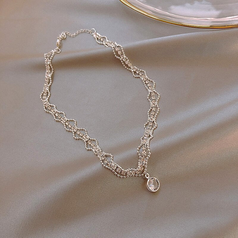 Kpop Crystal Choker Necklaces for Women Girls Fairy Shiny Large Zircon Plated 3 Layers Clavicle Chain Necklace Wedding Jewelry