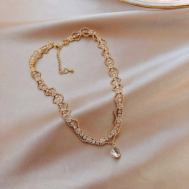 Kpop Crystal Choker Necklaces for Women Girls Fairy Shiny Large Zircon Plated 3 Layers Clavicle Chain Necklace Wedding Jewelry