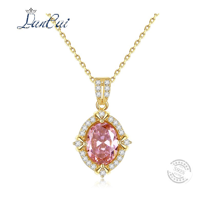 LAN CAI Romantic Pink Crystal 925 Sterling Silver Pendant Necklace 18K Gold Plated Gemstone Jewelry for Women Girlfriend Gift