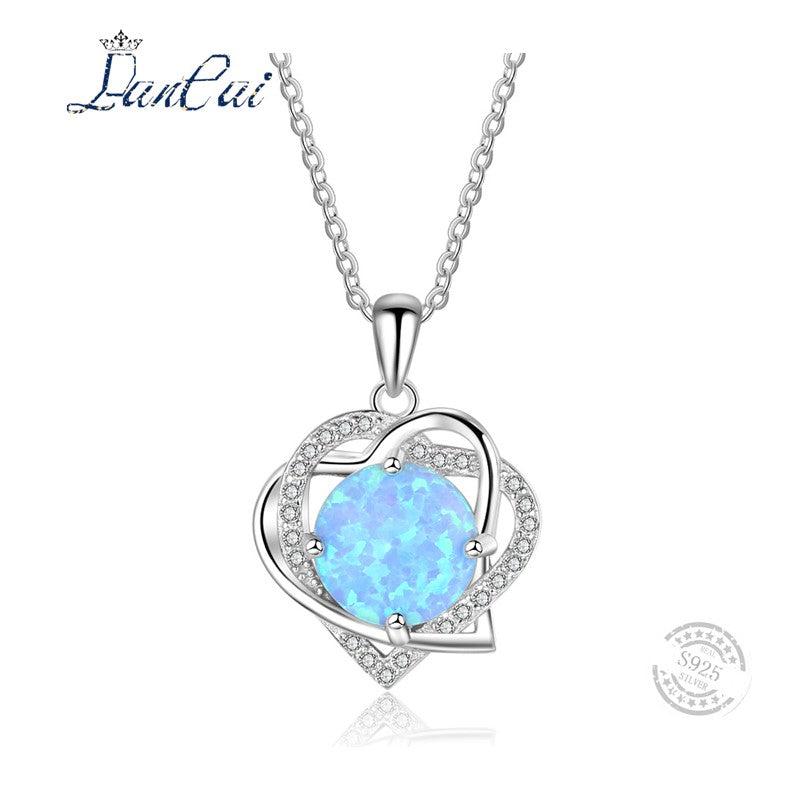 925 Sterling Silver Pendant Necklace Love Heart Blue Fire Opal Inlaid White Zircon High Quality Jewelry for Girl Party