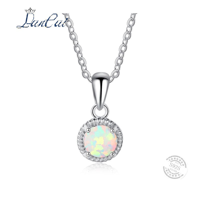 925 Sterling Silver White Fire Opal Necklace Classic Geometric Round Pendant Necklace for Women Fine Jewelry Hot Selling