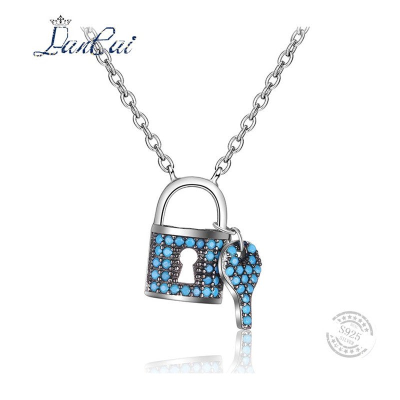 Fashion Manual 925 Sterling Silver Necklace Lock and Key Blue Zircon Pendant Necklace for Women Fine Jewelry Lovers Gift