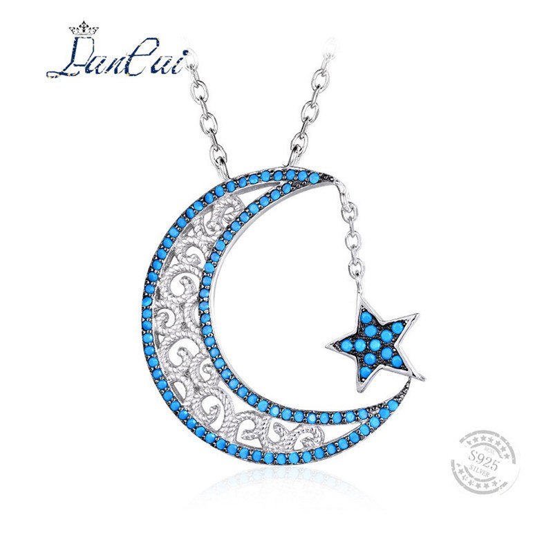 Fashion Manual 925 Sterling Silver Necklace Stars and Moon Myth Blue Zircon Pendant Necklace for Women Fine Jewelry Gift