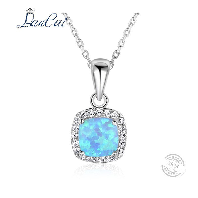 Genuine 925 Sterling Silver Blue Fire Opal Necklace Geometric Square Pendant Necklace for Women Fine Jewelry Hot Selling