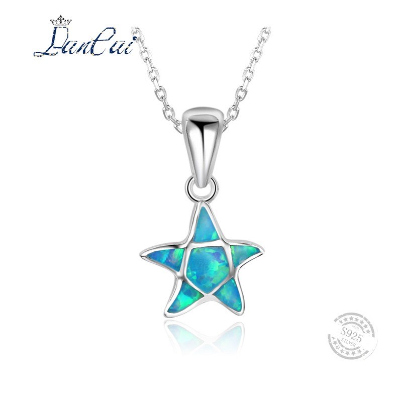 New Cute Silver Insaid Blue Fire Opal Starfish Necklace 925 Sterling Silver Pendant Necklace for Women Fine Jewelry Gift