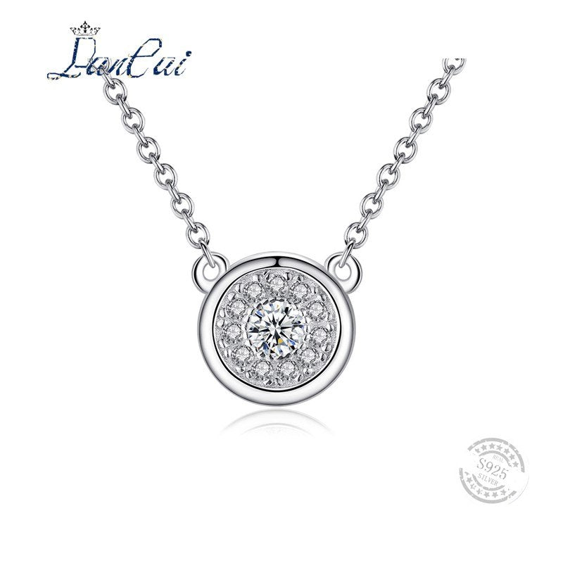 Office Lady Genuine 925 Sterling Silver Chain Necklace AAA+ Cubic Zirconia Round Pendant Necklace Party Fine Jewelry Gift